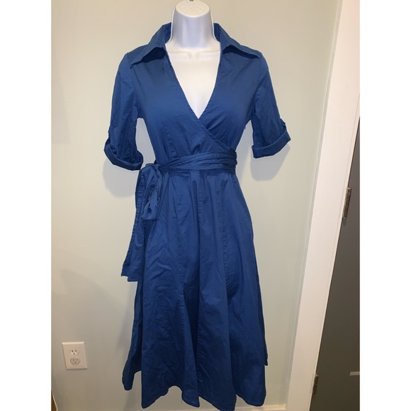 Navy Blue Midi Wrap Dress with Sleeves - Picture 1 of 7